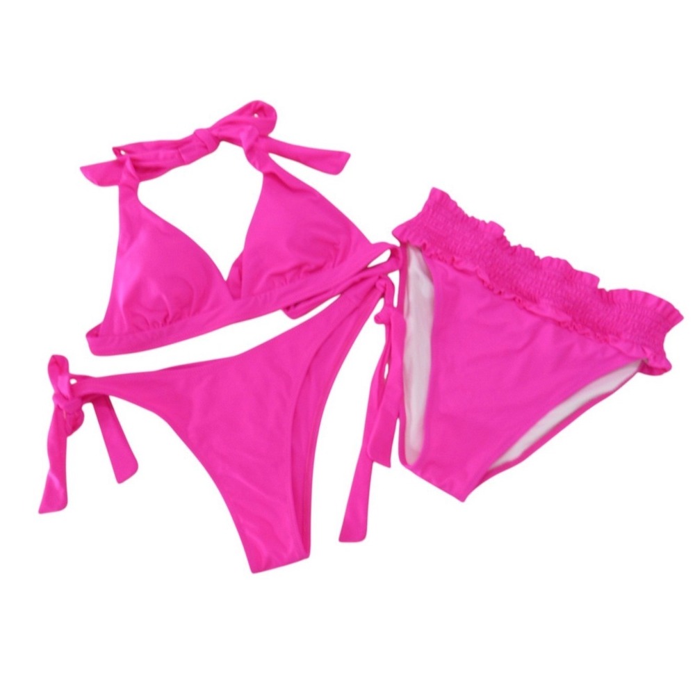BEACHSISSI 3-Pc PINK Halter Top/Ruffled Hipster Bottoms BIKINI SWIMSUIT SET XL